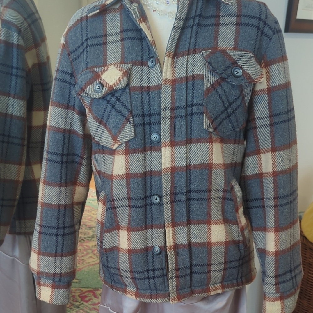 70s Vintage Cozy Plaid Teddy Jacket in Blue and Tan - Picture 3 of 12